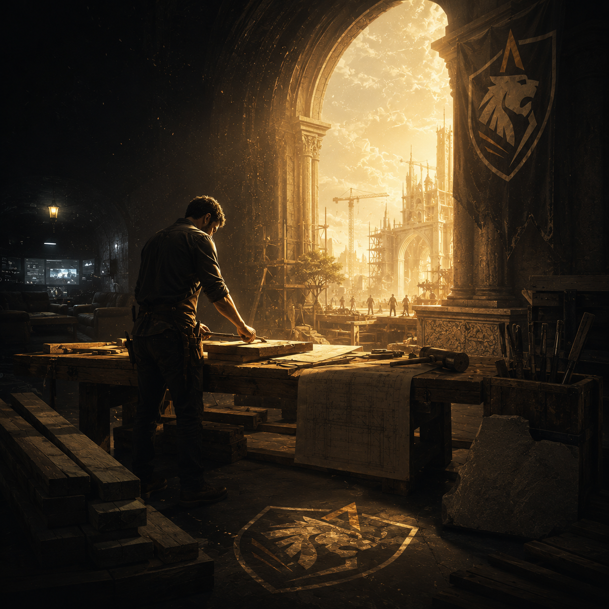 A craftsman working inside a grand temple workshop