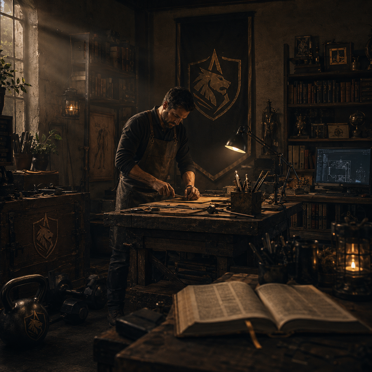 A focused craftsman working in a moody workshop