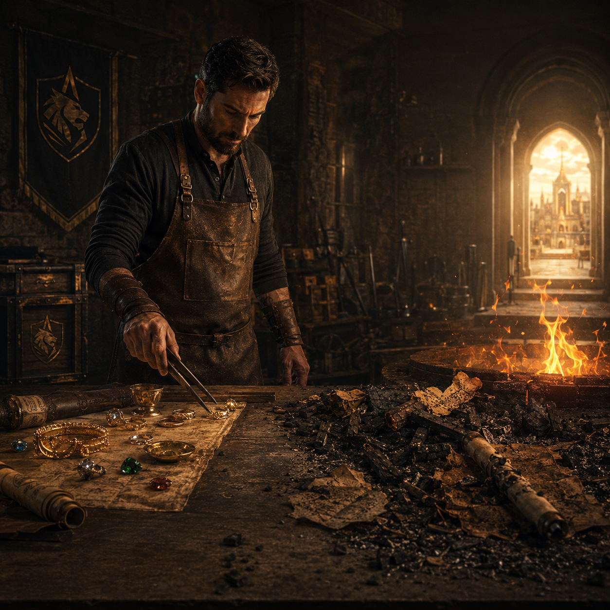 Gold and precious work being forged in a dim workshop