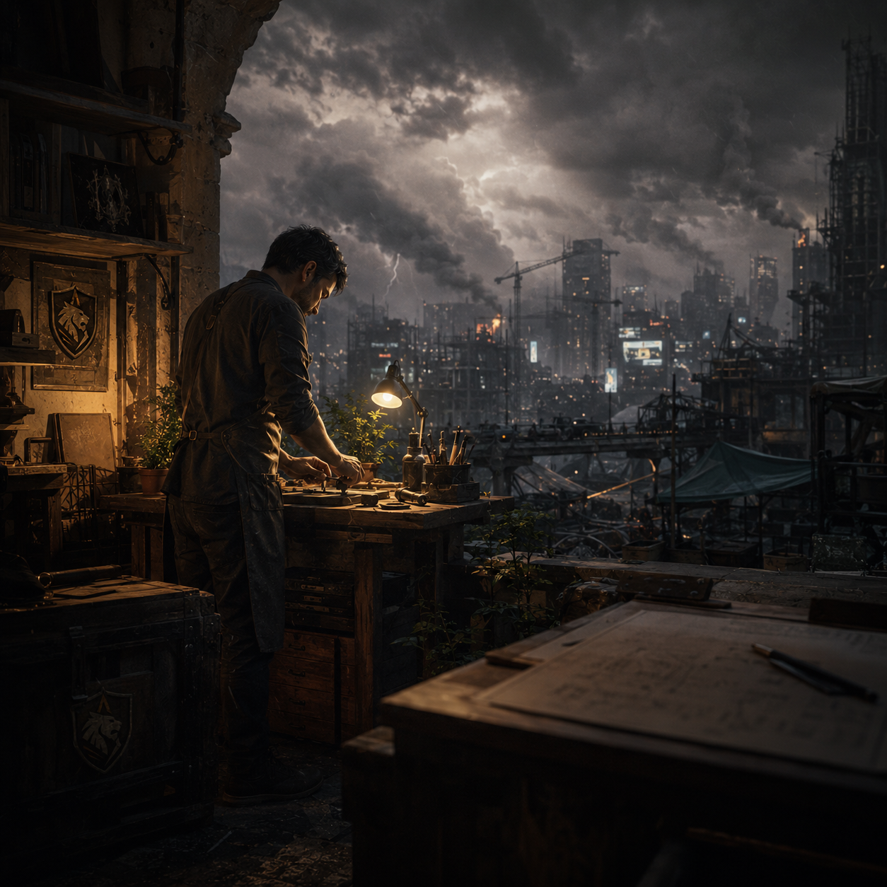 A stormy workshop overlooking a dark city