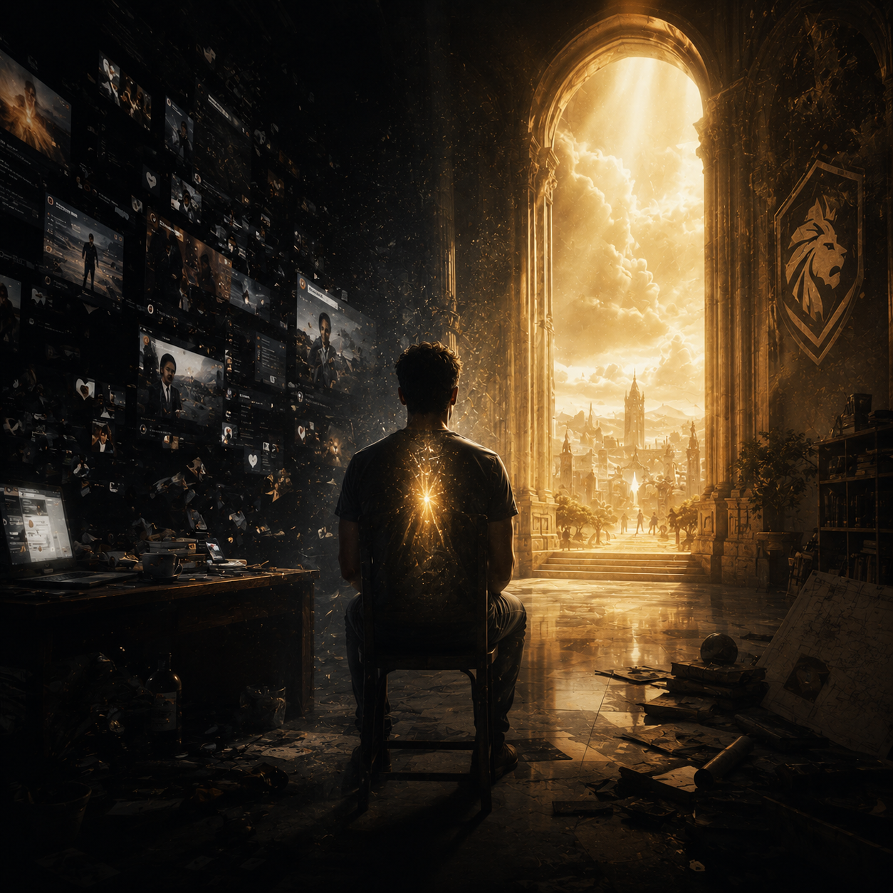 A solitary figure standing at the threshold between darkness and light